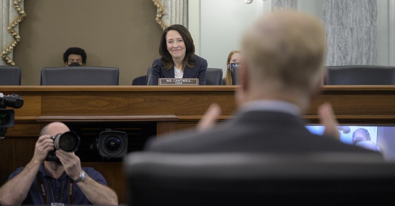 Committee Chair Sen. Maria Cantwell, D-Wash., listens to former U.S. Senator Bill Nelson, President Biden’s nominee to be the next administrator of NASA, as he appears before the Senate Committee on Commerce, Science, and Transportation, Wednesday, April 21, 2021, Russell Senate Office Building in Washington. Photo Credit: (NASA/Bill Ingalls)