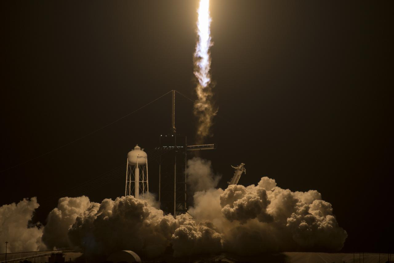 A SpaceX Falcon 9 rocket carrying the company's Crew Dragon spacecraft is launched on NASA’s SpaceX Crew-2 mission to the International Space Station with NASA astronauts Shane Kimbrough and Megan McArthur, ESA (European Space Agency) astronaut Thomas Pesquet, and Japan Aerospace Exploration Agency (JAXA) astronaut Akihiko Hoshide onboard, Friday, April 23, 2021, at NASA’s Kennedy Space Center in Florida. NASA’s SpaceX Crew-2 mission is the second crew rotation mission of the SpaceX Crew Dragon spacecraft and Falcon 9 rocket to the International Space Station as part of the agency’s Commercial Crew Program. Kimbrough, McArthur, Pesquet, and Hoshide launched at 5:49 a.m. EDT from Launch Complex 39A at the Kennedy Space Center to begin a six month mission onboard the orbital outpost. Photo Credit: (NASA/Aubrey Gemignani)