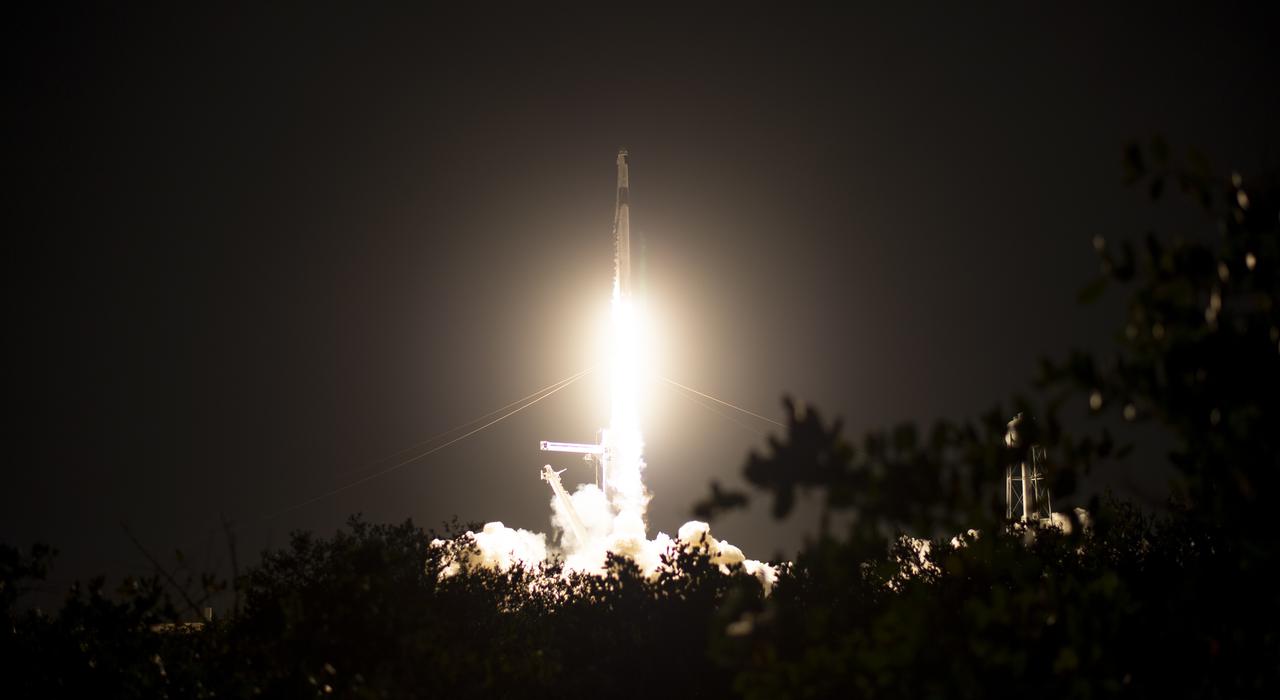 A SpaceX Falcon 9 rocket carrying the company's Crew Dragon spacecraft is launched on NASA’s SpaceX Crew-2 mission to the International Space Station with NASA astronauts Shane Kimbrough and Megan McArthur, ESA (European Space Agency) astronaut Thomas Pesquet, and Japan Aerospace Exploration Agency (JAXA) astronaut Akihiko Hoshide onboard, Friday, April 23, 2021, at NASA’s Kennedy Space Center in Florida. NASA’s SpaceX Crew-2 mission is the second crew rotation mission of the SpaceX Crew Dragon spacecraft and Falcon 9 rocket to the International Space Station as part of the agency’s Commercial Crew Program. Kimbrough, McArthur, Pesquet, and Hoshide launched at 5:49 a.m. EDT from Launch Complex 39A at the Kennedy Space Center to begin a six month mission onboard the orbital outpost. Photo Credit: (NASA/Joel Kowsky)