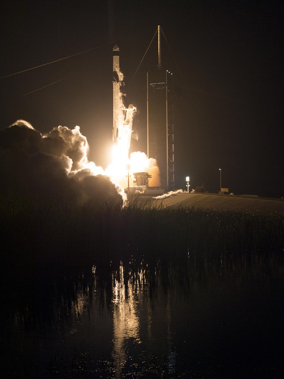 A SpaceX Falcon 9 rocket carrying the company's Crew Dragon spacecraft is launched on NASA’s SpaceX Crew-2 mission to the International Space Station with NASA astronauts Shane Kimbrough and Megan McArthur, ESA (European Space Agency) astronaut Thomas Pesquet, and Japan Aerospace Exploration Agency (JAXA) astronaut Akihiko Hoshide onboard, Friday, April 23, 2021, at NASA’s Kennedy Space Center in Florida. NASA’s SpaceX Crew-2 mission is the second crew rotation mission of the SpaceX Crew Dragon spacecraft and Falcon 9 rocket to the International Space Station as part of the agency’s Commercial Crew Program. Kimbrough, McArthur, Pesquet, and Hoshide launched at 5:49 a.m. EDT from Launch Complex 39A at the Kennedy Space Center to begin a six month mission onboard the orbital outpost. Photo Credit: (NASA/Aubrey Gemignani)
