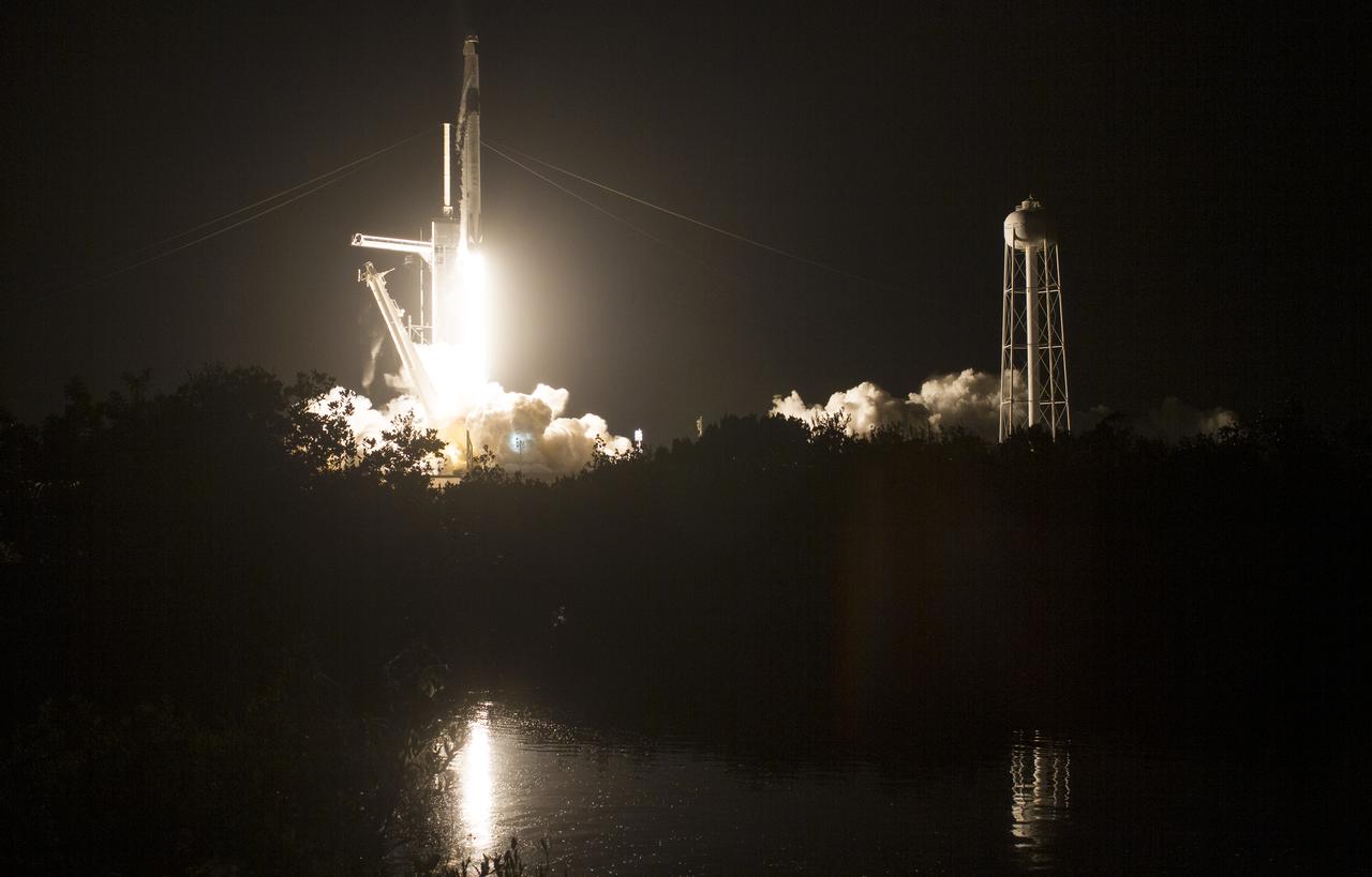 A SpaceX Falcon 9 rocket carrying the company's Crew Dragon spacecraft is launched on NASA’s SpaceX Crew-2 mission to the International Space Station with NASA astronauts Shane Kimbrough and Megan McArthur, ESA (European Space Agency) astronaut Thomas Pesquet, and Japan Aerospace Exploration Agency (JAXA) astronaut Akihiko Hoshide onboard, Friday, April 23, 2021, at NASA’s Kennedy Space Center in Florida. NASA’s SpaceX Crew-2 mission is the second crew rotation mission of the SpaceX Crew Dragon spacecraft and Falcon 9 rocket to the International Space Station as part of the agency’s Commercial Crew Program. Kimbrough, McArthur, Pesquet, and Hoshide launched at 5:49 a.m. EDT from Launch Complex 39A at the Kennedy Space Center to begin a six month mission onboard the orbital outpost. Photo Credit: (NASA/Joel Kowsky)