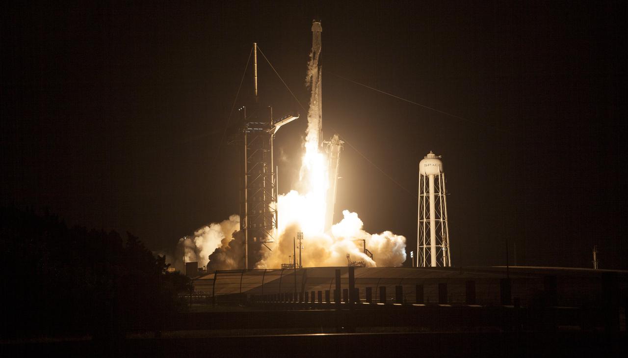 A SpaceX Falcon 9 rocket carrying the company's Crew Dragon spacecraft is launched on NASA’s SpaceX Crew-2 mission to the International Space Station with NASA astronauts Shane Kimbrough and Megan McArthur, ESA (European Space Agency) astronaut Thomas Pesquet, and Japan Aerospace Exploration Agency (JAXA) astronaut Akihiko Hoshide onboard, Friday, April 23, 2021, at NASA’s Kennedy Space Center in Florida. NASA’s SpaceX Crew-2 mission is the second crew rotation mission of the SpaceX Crew Dragon spacecraft and Falcon 9 rocket to the International Space Station as part of the agency’s Commercial Crew Program. Kimbrough, McArthur, Pesquet, and Hoshide launched at 5:49 a.m. EDT from Launch Complex 39A at the Kennedy Space Center to begin a six month mission onboard the orbital outpost. Photo Credit: (NASA/Joel Kowsky)