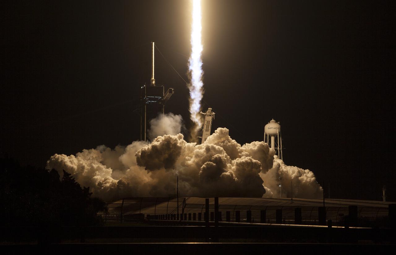 A SpaceX Falcon 9 rocket carrying the company's Crew Dragon spacecraft is launched on NASA’s SpaceX Crew-2 mission to the International Space Station with NASA astronauts Shane Kimbrough and Megan McArthur, ESA (European Space Agency) astronaut Thomas Pesquet, and Japan Aerospace Exploration Agency (JAXA) astronaut Akihiko Hoshide onboard, Friday, April 23, 2021, at NASA’s Kennedy Space Center in Florida. NASA’s SpaceX Crew-2 mission is the second crew rotation mission of the SpaceX Crew Dragon spacecraft and Falcon 9 rocket to the International Space Station as part of the agency’s Commercial Crew Program. Kimbrough, McArthur, Pesquet, and Hoshide launched at 5:49 a.m. EDT from Launch Complex 39A at the Kennedy Space Center to begin a six month mission onboard the orbital outpost. Photo Credit: (NASA/Joel Kowsky)