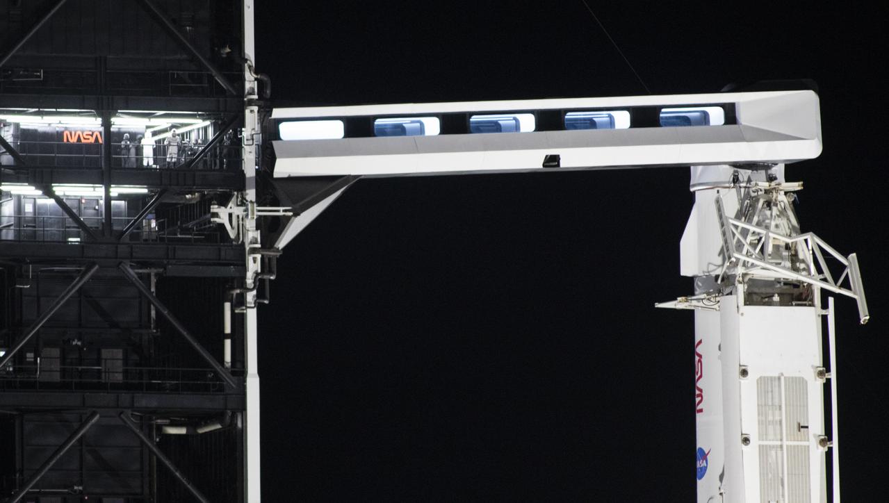 NASA astronauts Megan McArthur and Shane Kimbrough are seen on the fixed service structure of Launch Complex 39A before boarding SpaceX’s Crew Dragon spacecraft atop the company’s Falcon 9 rocket before the launch of NASA’s SpaceX Crew-2 mission to the International Space Station, Friday, April 23, 2021, at NASA’s Kennedy Space Center in Florida. NASA’s SpaceX Crew-2 mission is the second crew rotation mission of the SpaceX Crew Dragon spacecraft and Falcon 9 rocket to the International Space Station as part of the agency’s Commercial Crew Program. Kimbrough, McArthur, ESA (European Space Agency) astronaut Thomas Pesquet, and Japan Aerospace Exploration Agency (JAXA) astronaut Akihiko Hoshide launched at 5:49 a.m. EDT from Launch Complex 39A at the Kennedy Space Center to begin a six month mission onboard the orbital outpost. Photo Credit: (NASA/Joel Kowsky)