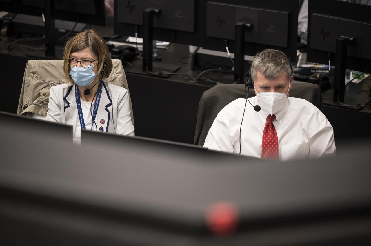Kathy Lueders, associate administrator for NASA's Human Exploration and Operations Mission Directorate, left, and Steve Stich, manager of NASA’s Commercial Crew Program, right, monitor the countdown of the launch of a SpaceX Falcon 9 rocket carrying the company's Crew Dragon spacecraft on the Crew-2 mission with NASA astronauts Shane Kimbrough and Megan McArthur, ESA (European Space Agency) astronaut Thomas Pesquet, and Japan Aerospace Exploration Agency (JAXA) astronaut Akihiko Hoshide onboard, Friday, April 23, 2021, in firing room four of the Launch Control Center at NASA’s Kennedy Space Center in Florida. NASA’s SpaceX Crew-2 mission is the second crew rotation mission of the SpaceX Crew Dragon spacecraft and Falcon 9 rocket to the International Space Station as part of the agency’s Commercial Crew Program. Kimbrough, McArthur, Pesquet, and Hoshide launched at 5:49 a.m. EDT, from Launch Complex 39A at the Kennedy Space Center to begin a six month mission onboard the International Space Station. Photo Credit: (NASA/Joel Kowsky)
