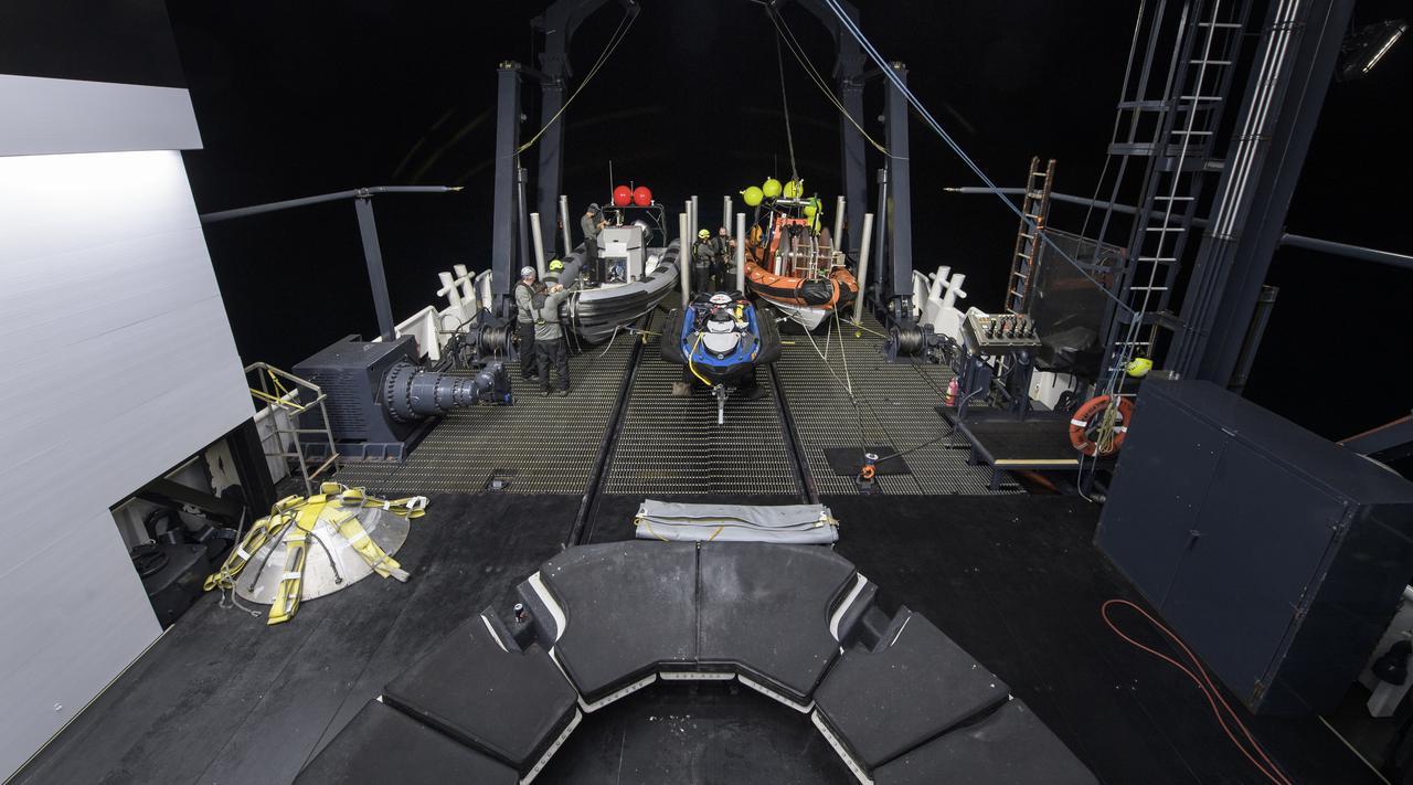 NASA and SpaceX support teams onboard the SpaceX GO Navigator recovery ship prepare for the landing of the SpaceX Crew Dragon Resilience spacecraft with NASA astronauts Mike Hopkins, Shannon Walker, and Victor Glover, and Japan Aerospace Exploration Agency (JAXA) astronaut Soichi Noguchi aboard in the Gulf of Mexico off the coast of Panama City, Florida, Saturday, May 1, 2021. NASA’s SpaceX Crew-1 mission is the first crew rotation flight of the SpaceX Crew Dragon spacecraft and Falcon 9 rocket with astronauts to the International Space Station as part of the agency’s Commercial Crew Program. Photo Credit: (NASA/Bill Ingalls)
