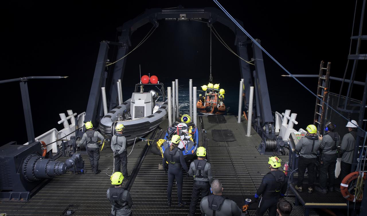 NASA and SpaceX support teams onboard the SpaceX GO Navigator recovery ship prepare for the landing of the SpaceX Crew Dragon Resilience spacecraft with NASA astronauts Mike Hopkins, Shannon Walker, and Victor Glover, and Japan Aerospace Exploration Agency (JAXA) astronaut Soichi Noguchi aboard in the Gulf of Mexico off the coast of Panama City, Florida, Saturday, May 1, 2021. NASA’s SpaceX Crew-1 mission is the first crew rotation flight of the SpaceX Crew Dragon spacecraft and Falcon 9 rocket with astronauts to the International Space Station as part of the agency’s Commercial Crew Program. Photo Credit: (NASA/Bill Ingalls)