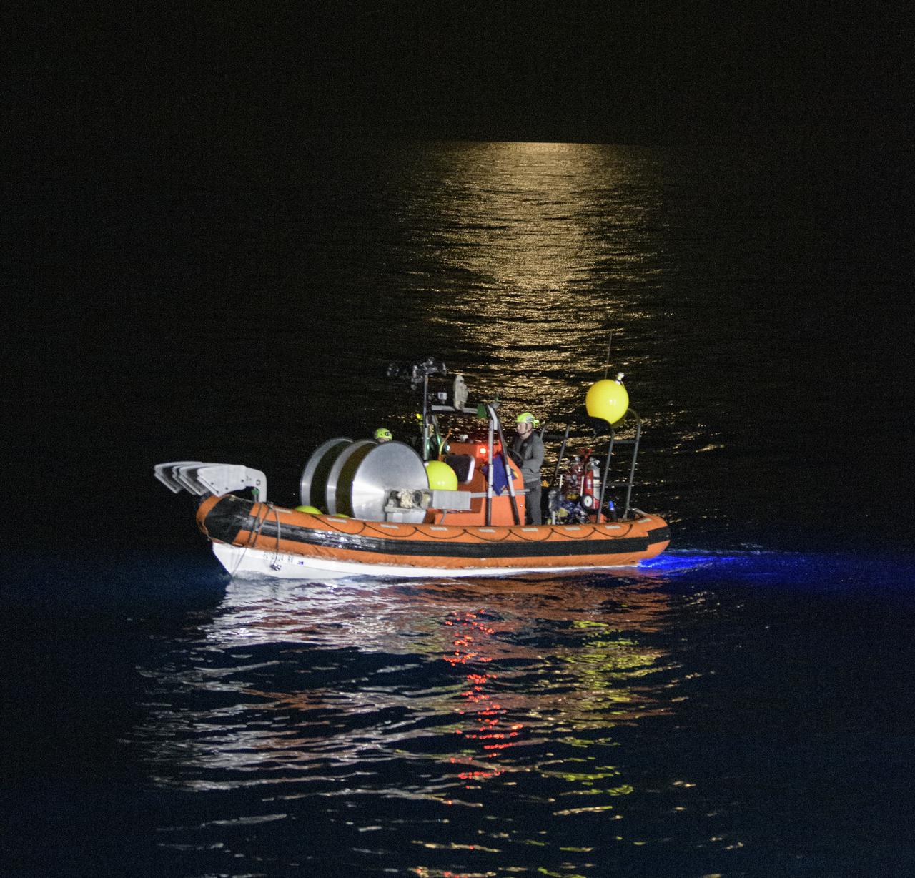 SpaceX support teams deploy in fast boats off the SpaceX GO Navigator recovery ship as they prepare for the landing of the SpaceX Crew Dragon Resilience spacecraft with NASA astronauts Mike Hopkins, Shannon Walker, and Victor Glover, and Japan Aerospace Exploration Agency (JAXA) astronaut Soichi Noguchi aboard in the Gulf of Mexico off the coast of Panama City, Florida, Sunday, May 2, 2021. NASA’s SpaceX Crew-1 mission is the first crew rotation flight of the SpaceX Crew Dragon spacecraft and Falcon 9 rocket with astronauts to the International Space Station as part of the agency’s Commercial Crew Program. Photo Credit: (NASA/Bill Ingalls)
