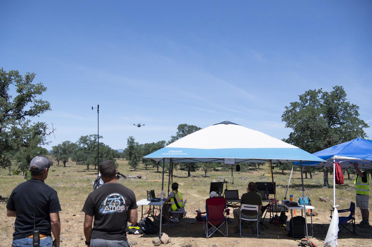 A FreeFly Systems Alta X drone is seen in flight as part of STEReO, the Scalable Traffic Management for Emergency Response Operations project, test activities, Tuesday, May 4, 2021 as Cal Fire conducts aerial fire fighting training exercises near Redding, California.  STEReO, the Scalable Traffic Management for Emergency Response Operations project, led by NASA’s Ames Research Center, builds on NASA’s expertise in air traffic management, human factors research, and autonomous technology development to apply the agency’s work in Unmanned Aircraft Systems Traffic Management, or UTM, to public safety uses. Photo Credit: (NASA/Joel Kowsky)