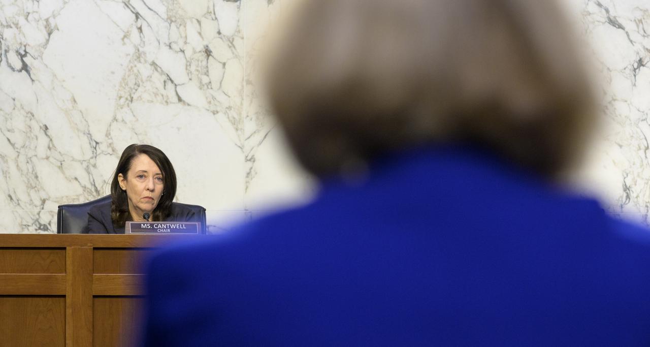 Sen. Maria Cantwell, D-Wash., the Chair of the Senate Committee on Commerce, Science, and Transportation, listens as Pam Melroy, President Biden’s nominee to be the next deputy administrator of NASA, testifies before the Senate Committee on Commerce, Science, and Transportation, Thursday, May 20, 2021, at the Hart Senate Office Building in Washington. Melroy is a former NASA astronaut. Photo Credit: (NASA/Bill Ingalls)