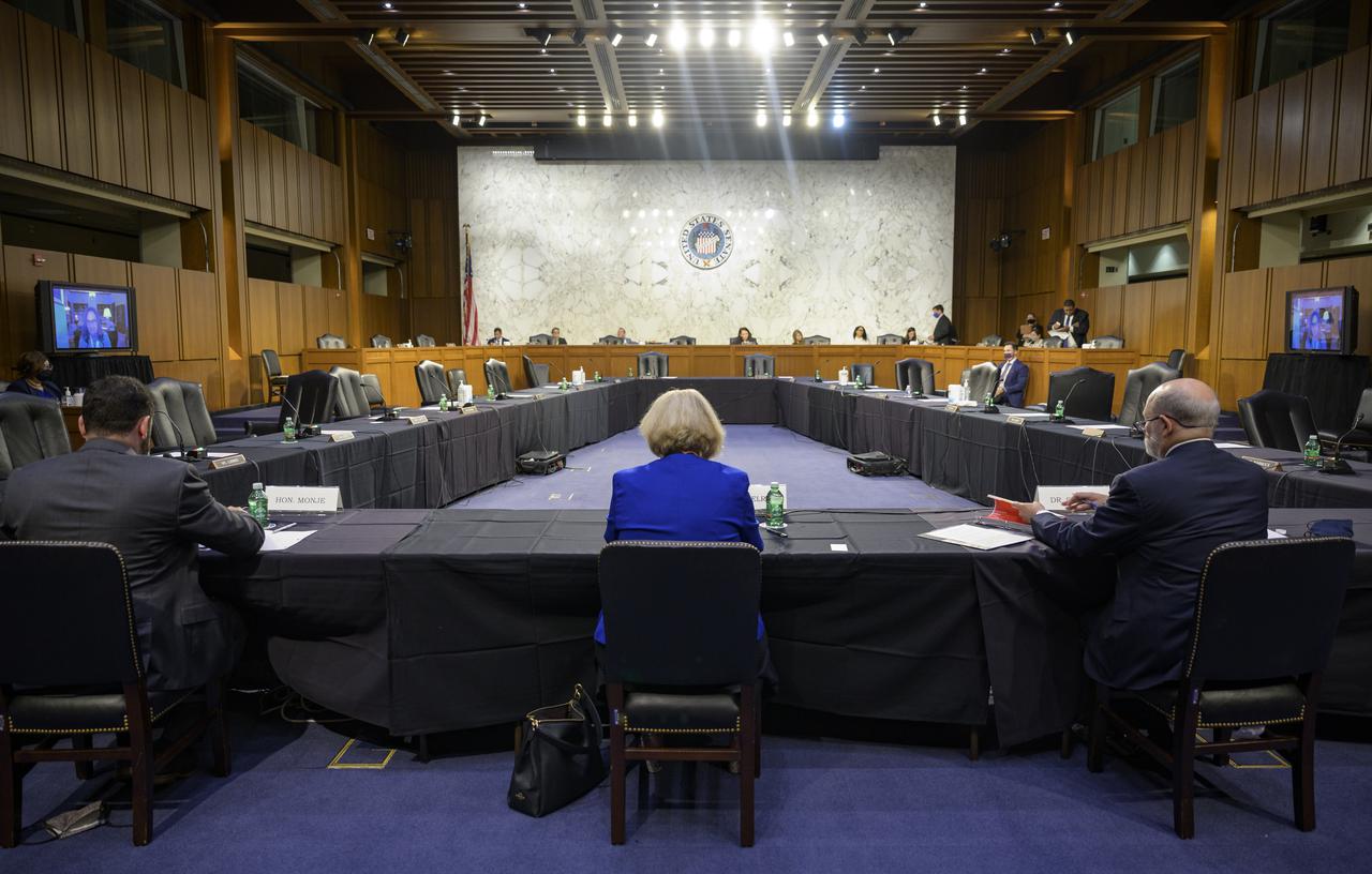 Pam Melroy, President Biden’s nominee to be the next deputy administrator of NASA, center, Richard Spinrad to be under secretary of Commerce for Oceans and Atmosphere, right, and Carlos Monje, Jr. nominee to be the next under secretary of Transportation for Policy appear before the Senate Committee on Commerce, Science, and Transportation, Thursday, May 20, 2021, at the Hart Senate Office Building in Washington. Melroy is a former NASA astronaut. Photo Credit: (NASA/Bill Ingalls)