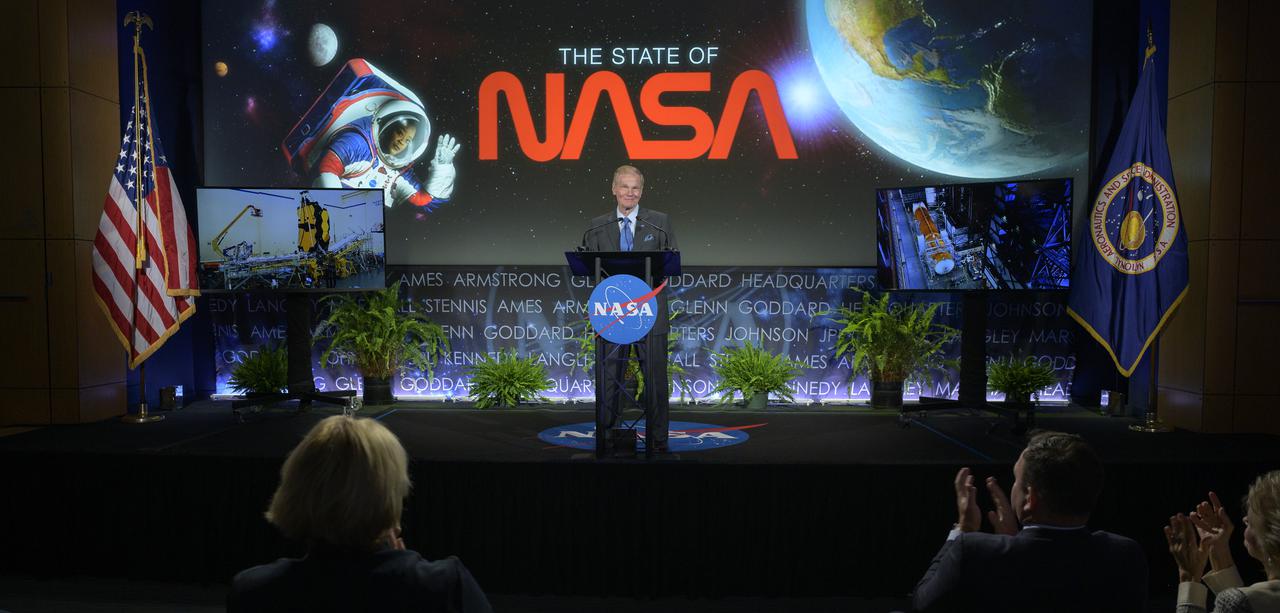 NASA Administrator Bill Nelson talks to the agency’s workforce during his first State of NASA event Wednesday, June 2, 2021, at NASA Headquarters Mary W. Jackson Building in Washington. Nelson remarked on his long history with NASA, and among other topics, discussed the agency’s plans for future Earth-focused missions to address climate change and a robotic and human return to the Moon through the Artemis program, as well as announcing two new planetary science missions to Venus – VERITAS and DAVINCI+. Photo Credit: (NASA/Bill Ingalls)
