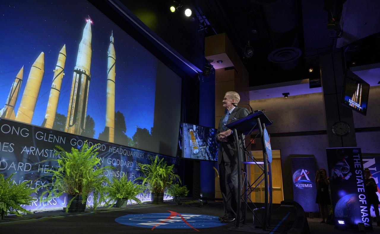 NASA Administrator Bill Nelson talks to the agency’s workforce during his first State of NASA event Wednesday, June 2, 2021, at NASA Headquarters Mary W. Jackson Building in Washington. Nelson remarked on his long history with NASA, and among other topics, discussed the agency’s plans for future Earth-focused missions to address climate change and a robotic and human return to the Moon through the Artemis program, as well as announcing two new planetary science missions to Venus – VERITAS and DAVINCI+. Photo Credit: (NASA/Bill Ingalls)