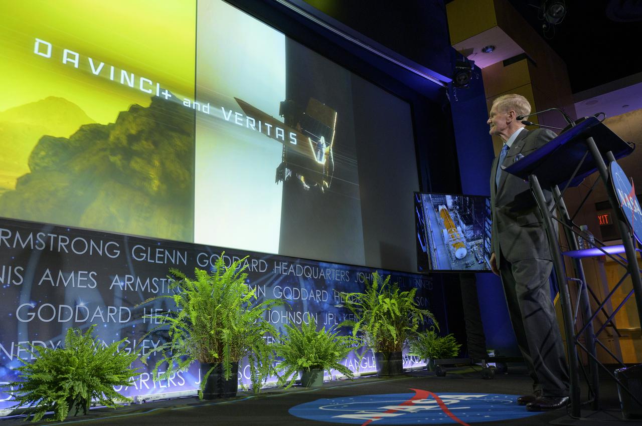 NASA Administrator Bill Nelson talks to the agency’s workforce during his first State of NASA event Wednesday, June 2, 2021, at NASA Headquarters Mary W. Jackson Building in Washington. Nelson remarked on his long history with NASA, and among other topics, discussed the agency’s plans for future Earth-focused missions to address climate change and a robotic and human return to the Moon through the Artemis program, as well as announcing two new planetary science missions to Venus – VERITAS and DAVINCI+. Photo Credit: (NASA/Bill Ingalls)