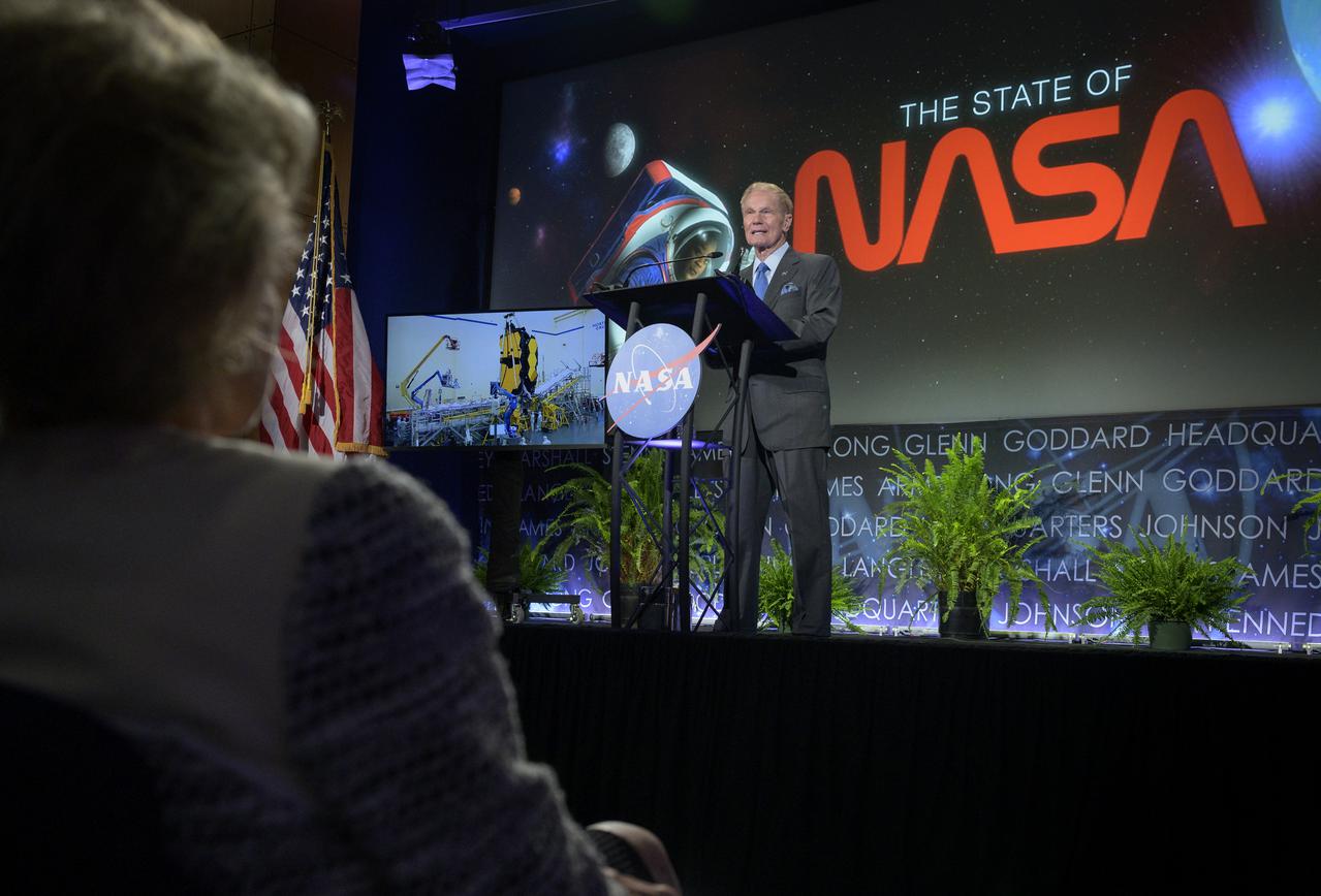 NASA Administrator Bill Nelson talks to the agency’s workforce during his first State of NASA event Wednesday, June 2, 2021, at NASA Headquarters Mary W. Jackson Building in Washington. Nelson remarked on his long history with NASA, and among other topics, discussed the agency’s plans for future Earth-focused missions to address climate change and a robotic and human return to the Moon through the Artemis program, as well as announcing two new planetary science missions to Venus – VERITAS and DAVINCI+. Photo Credit: (NASA/Bill Ingalls)