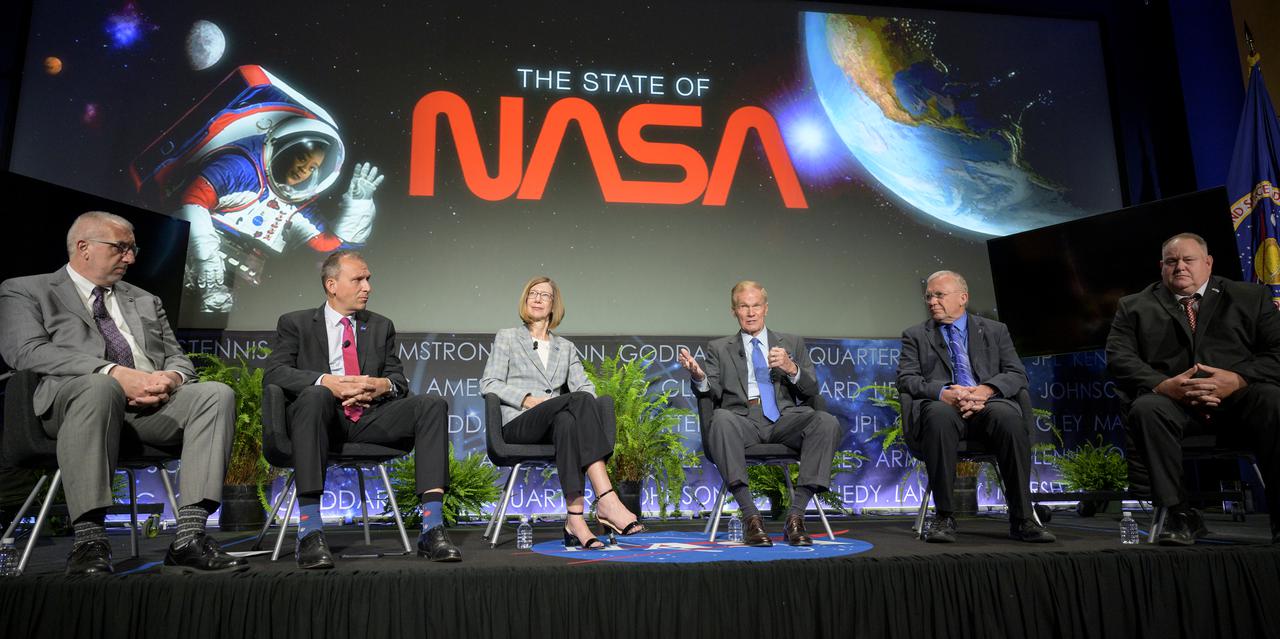 NASA Associate Administrator for Aeronautics Research Mission Directorate Bob Pearce, left, NASA Associate Administrator for Science Thomas Zurbuchen, NASA Associate Administrator for Human Exploration and Operations Kathy Lueders, NASA Administrator Bill Nelson, NASA Associate Administrator for the Space Technology Mission Directorate Jim Reuter, and NASA Associate Administrator for the Mission Support Directorate Bob Gibbs, right, participate in a media gaggle, Wednesday, June 2, 2021, at NASA Headquarters Mary W. Jackson Building in Washington. Nelson, and other NASA leadership, answered reporters questions following a State of NASA event where Nelson remarked on his long history with NASA, and among other topics, discussed the agency’s plans for future Earth-focused missions to address climate change and a robotic and human return to the Moon through the Artemis program, as well as announcing two new planetary science missions to Venus – VERITAS and DAVINCI+. Photo Credit: (NASA/Bill Ingalls)
