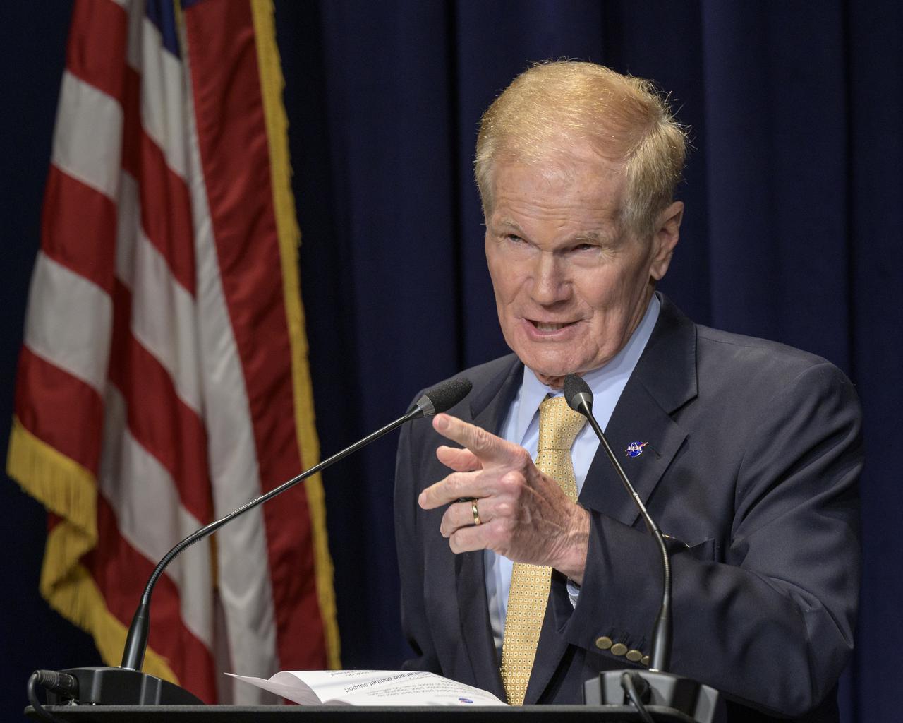 NASA Administrator Bill Nelson gives remarks ahead of the ceremonial swearing-in of Pam Melroy as NASA Deputy Administrator, Monday, June 21, 2021, at NASA Headquarters Mary W. Jackson Building in Washington. Photo Credit: (NASA/Bill Ingalls)
