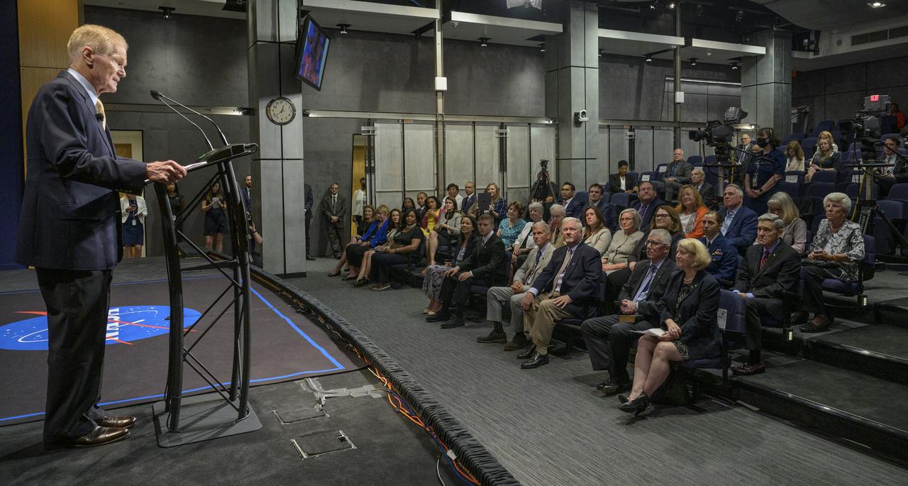 NASA Administrator Bill Nelson gives remarks ahead of the ceremonial swearing-in of Pam Melroy as NASA Deputy Administrator, Monday, June 21, 2021, at NASA Headquarters Mary W. Jackson Building in Washington. Photo Credit: (NASA/Bill Ingalls)