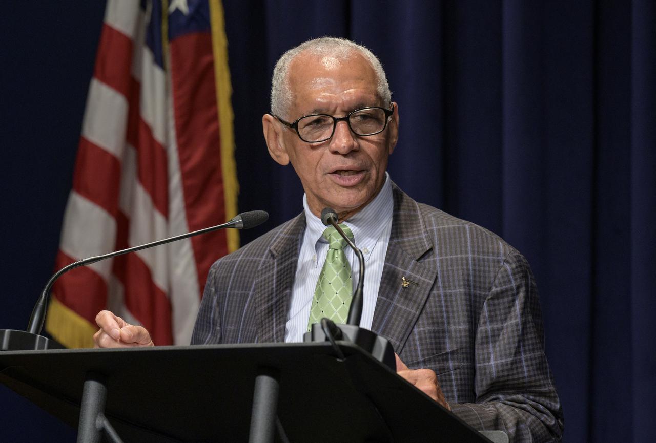 Former NASA Administrator Charlie Bolden gives remarks during the ceremonial swearing-in of NASA Deputy Administrator Pam Melroy, Monday, June 21, 2021, at NASA Headquarters Mary W. Jackson Building in Washington. Photo Credit: (NASA/Bill Ingalls)