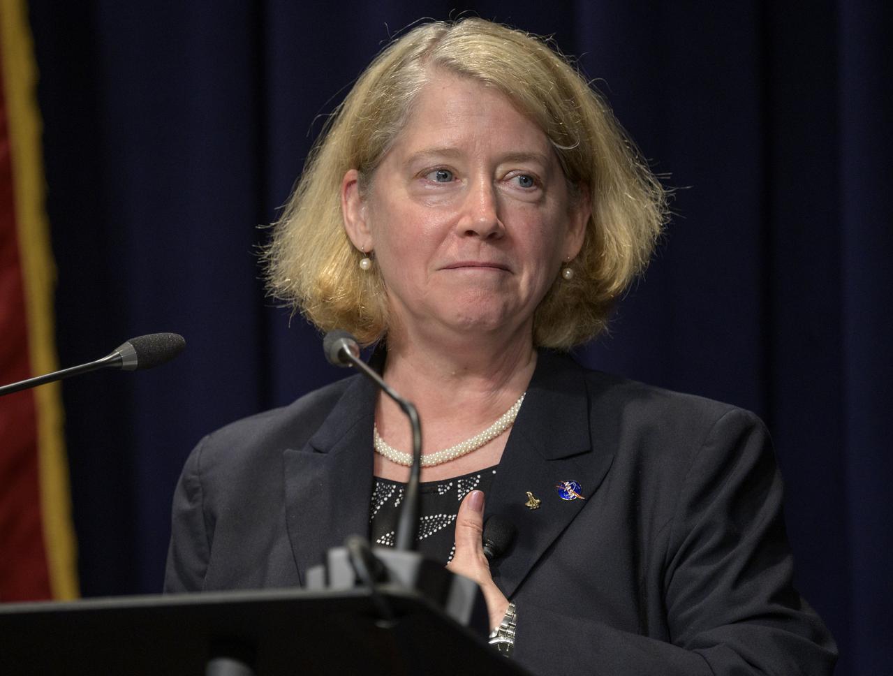 NASA Deputy Administrator Pam Melroy gives remarks after having been ceremonially sworn-in, Monday, June 21, 2021, at NASA Headquarters Mary W. Jackson Building in Washington. Melroy is a former NASA astronaut. Photo Credit: (NASA/Bill Ingalls)
