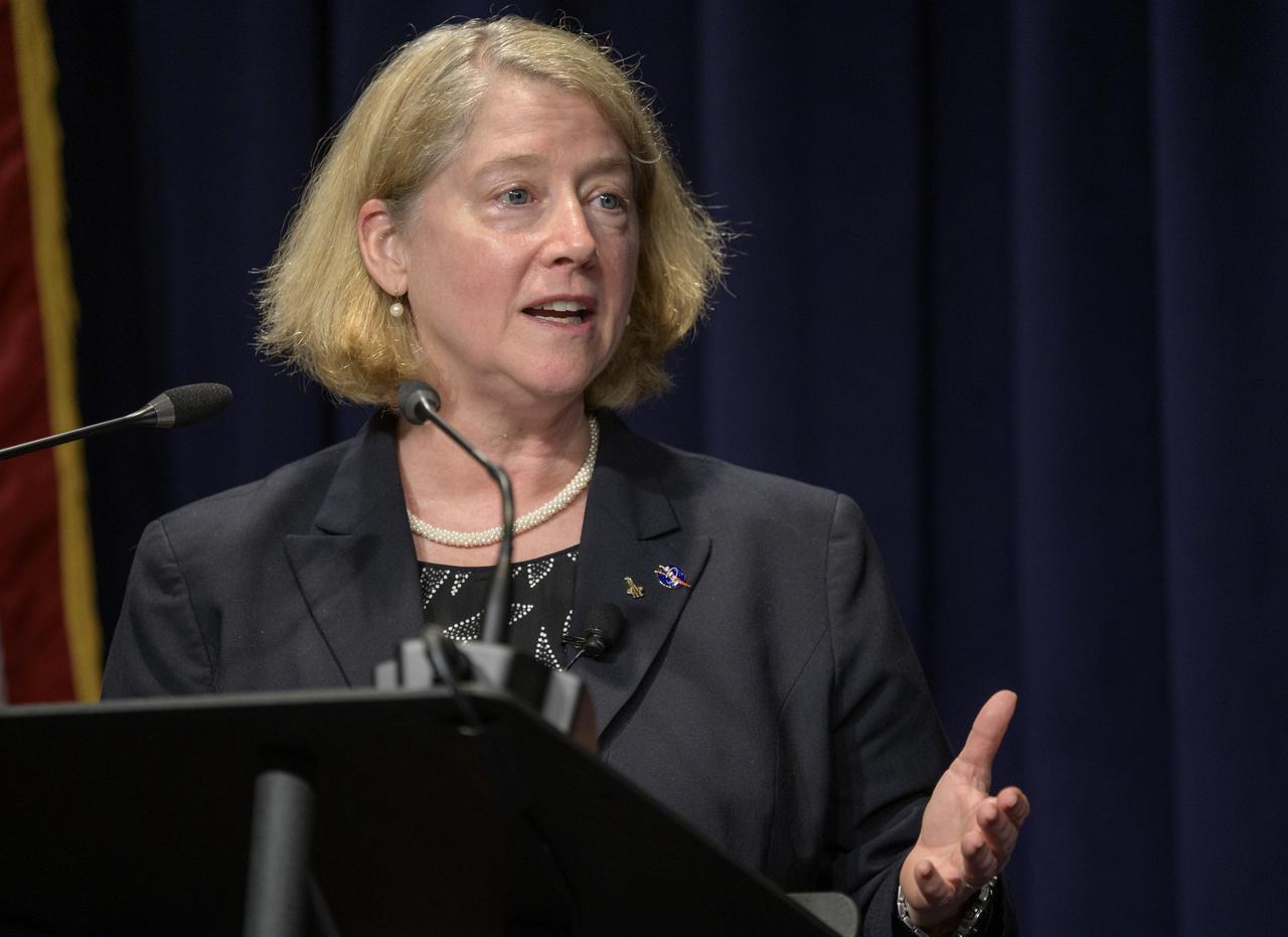 NASA Deputy Administrator Pam Melroy gives remarks after having been ceremonially sworn-in, Monday, June 21, 2021, at NASA Headquarters Mary W. Jackson Building in Washington. Melroy is a former NASA astronaut. Photo Credit: (NASA/Bill Ingalls)