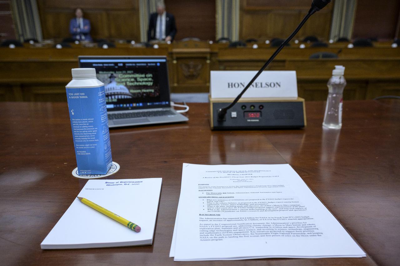 The witness desk is ready for NASA Administrator Bill Nelson prior to him testifying before a House Committee on Science, Space, and Technology hearing on the fiscal year 2022 budget proposal, Wednesday, June 23, 2021 at the Rayburn House Office Building in Washington. Photo Credit: (NASA/Bill Ingalls)
