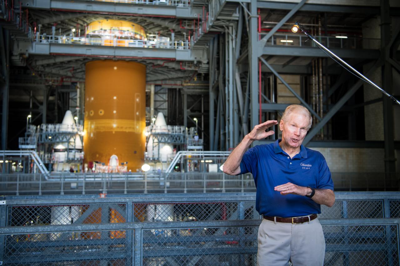 NASA Administrator Bill Nelson is interviewed during a tour of the Vehicle Assembly Building (VAB), Wednesday, July 28, 2021, at NASA’s Kennedy Space Center in Florida. NASA’s Space Launch System (SLS) is the first deep space rocket built to carry humans to the moon and beyond since the Saturn V. Photo Credit: (NASA/Aubrey Gemignani)