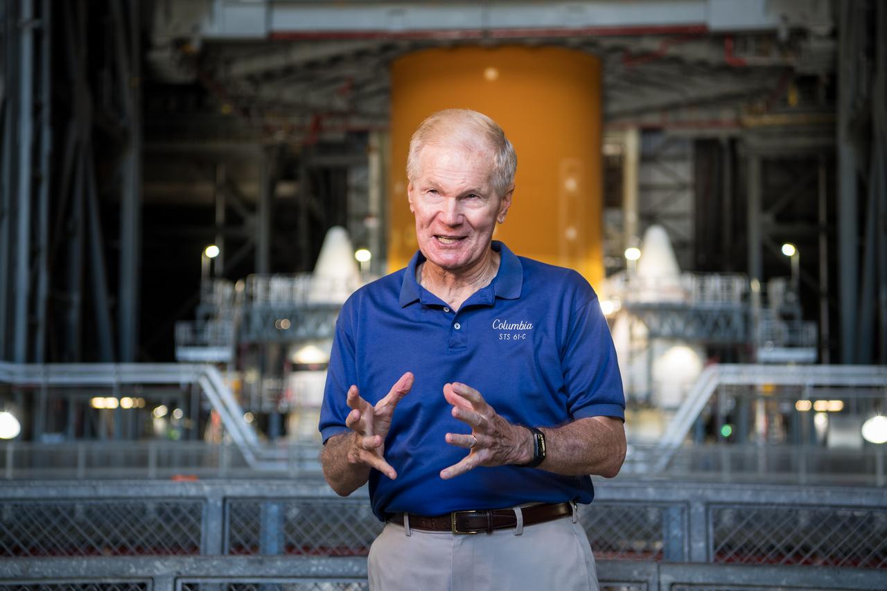 NASA Administrator Bill Nelson is interviewed during a tour of the Vehicle Assembly Building (VAB), Wednesday, July 28, 2021, at NASA’s Kennedy Space Center in Florida. NASA’s Space Launch System (SLS) is the first deep space rocket built to carry humans to the moon and beyond since the Saturn V. Photo Credit: (NASA/Aubrey Gemignani)