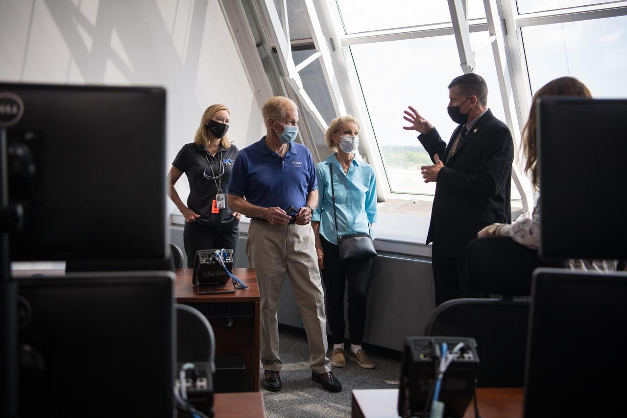 NASA Chief of Test, Launch and Recovery Operations, Jeremy Graeber, right, speaks to NASA Kennedy Space Center Director, Janet Petro, left, NASA Administrator Bill Nelson, center, and his wife Grace Nelson during a tour of Firing Room 3 at the Launch Control Center, Wednesday, July 28, 2021, at NASA’s Kennedy Space Center in Florida. Photo Credit: (NASA/Aubrey Gemignani)