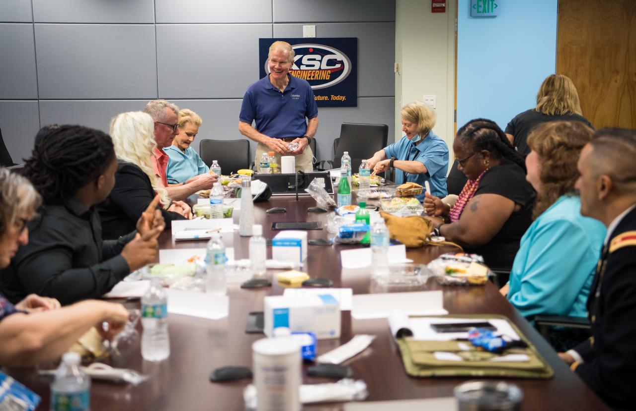 NASA Administrator Bill Nelson, center, and NASA Deputy Administrator Pam Melroy, center right, speak with members of NASA’s Employee Resource Groups during a luncheon, Wednesday, July 28, 2021, at NASA’s Kennedy Space Center in Florida. Photo Credit: (NASA/Aubrey Gemignani)