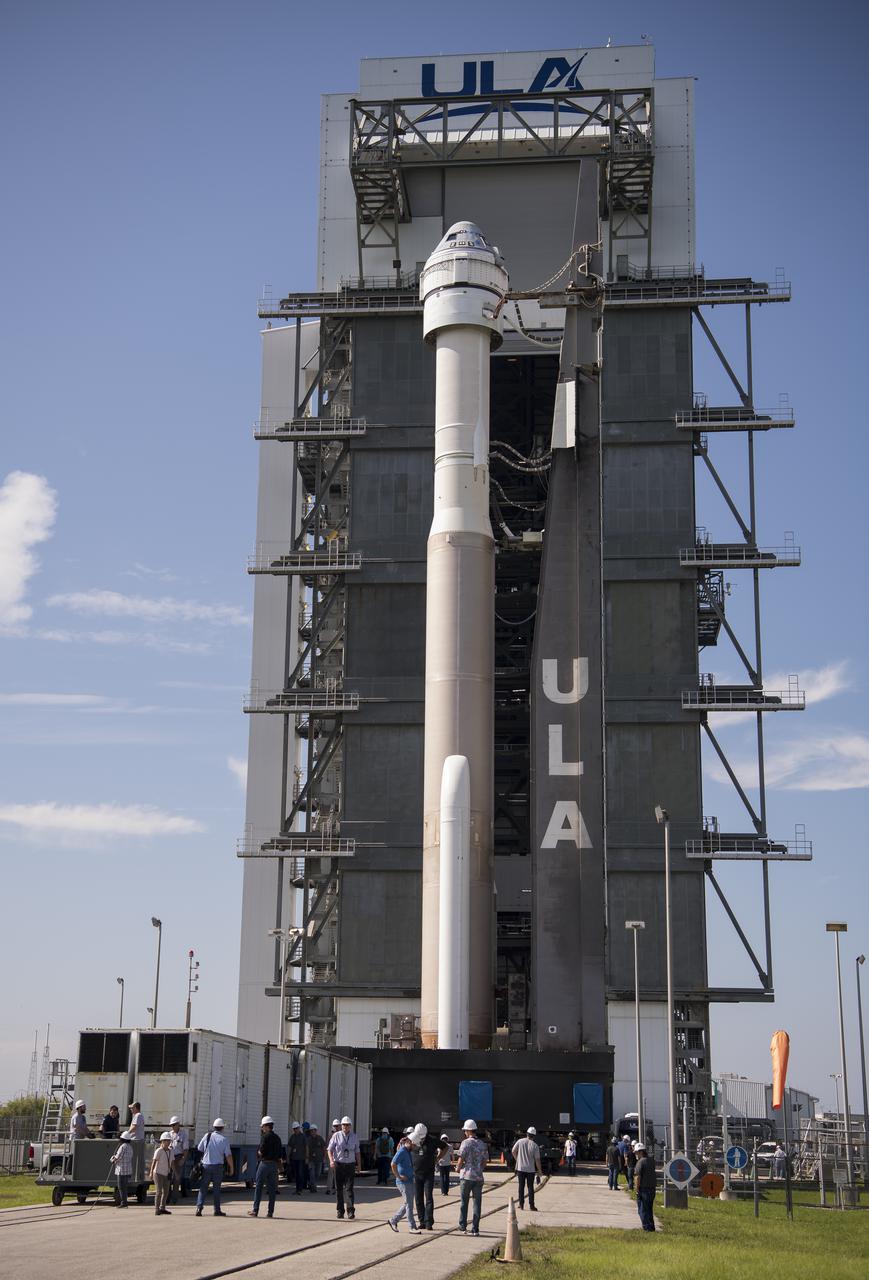 A United Launch Alliance Atlas V rocket with Boeing’s CST-100 Starliner spacecraft onboard is seen as it is rolled out of the Vertical Integration Facility to the launch pad at Space Launch Complex 41 ahead of the Orbital Flight Test-2 (OFT-2) mission, Thursday, July 29, 2021 at Cape Canaveral Space Force Station in Florida. Boeing’s Orbital Flight Test-2 will be Starliner’s second uncrewed flight test and will dock to the International Space Station as part of NASA's Commercial Crew Program. Photo Credit: (NASA/Aubrey Gemignani)