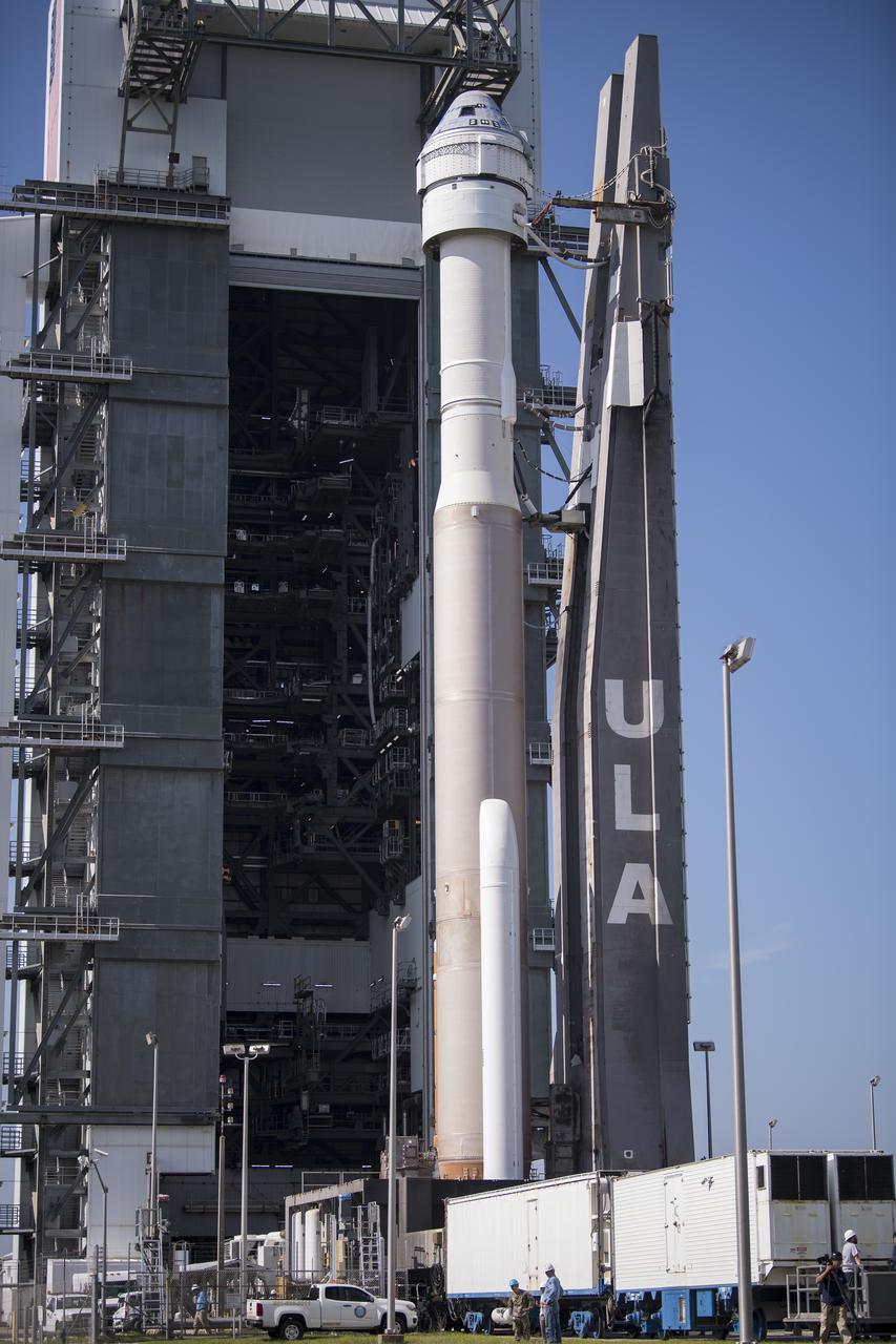 A United Launch Alliance Atlas V rocket with Boeing’s CST-100 Starliner spacecraft onboard is seen as it is rolled out of the Vertical Integration Facility to the launch pad at Space Launch Complex 41 ahead of the Orbital Flight Test-2 (OFT-2) mission, Thursday, July 29, 2021 at Cape Canaveral Space Force Station in Florida. Boeing’s Orbital Flight Test-2 will be Starliner’s second uncrewed flight test and will dock to the International Space Station as part of NASA's Commercial Crew Program. Photo Credit: (NASA/Aubrey Gemignani)