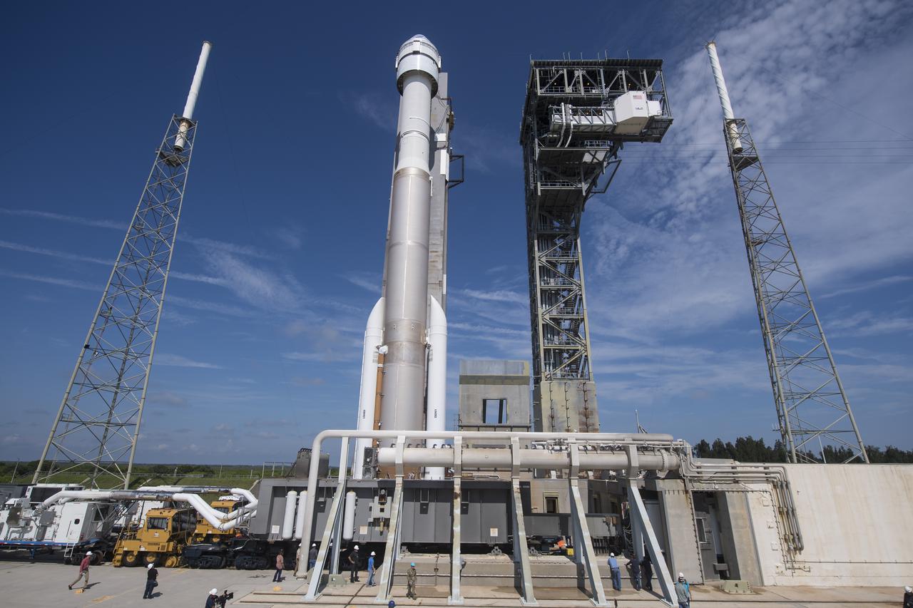 A United Launch Alliance Atlas V rocket with Boeing’s CST-100 Starliner spacecraft onboard is seen on the launch pad at Space Launch Complex 41 ahead of the Orbital Flight Test-2 (OFT-2) mission, Thursday, July 29, 2021 at Cape Canaveral Space Force Station in Florida. Boeing’s Orbital Flight Test-2 will be Starliner’s second uncrewed flight test and will dock to the International Space Station as part of NASA's Commercial Crew Program. Photo Credit: (NASA/Aubrey Gemignani)