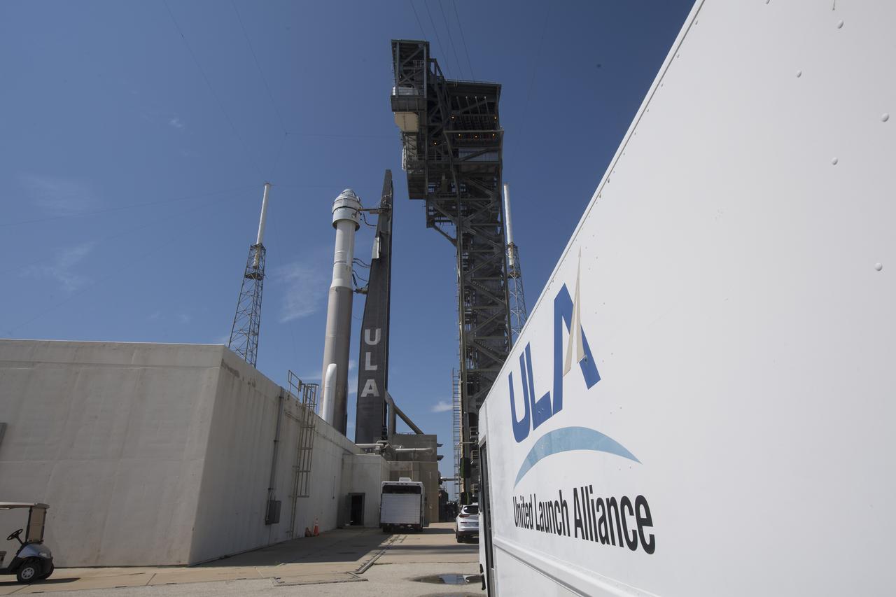 A United Launch Alliance Atlas V rocket with Boeing’s CST-100 Starliner spacecraft onboard is seen on the launch pad at Space Launch Complex 41 ahead of the Orbital Flight Test-2 (OFT-2) mission, Thursday, July 29, 2021 at Cape Canaveral Space Force Station in Florida. Boeing’s Orbital Flight Test-2 will be Starliner’s second uncrewed flight test and will dock to the International Space Station as part of NASA's Commercial Crew Program. Photo Credit: (NASA/Aubrey Gemignani)