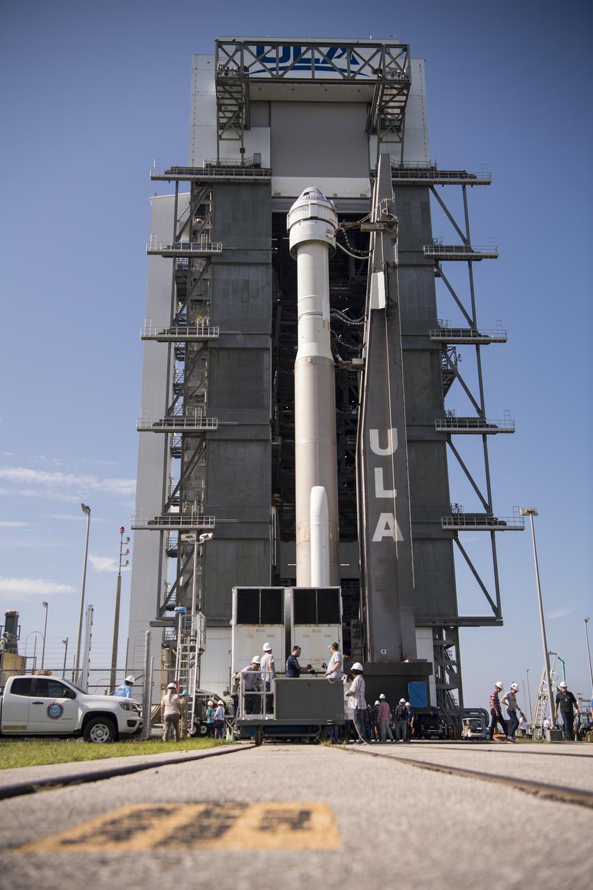 A United Launch Alliance Atlas V rocket with Boeing’s CST-100 Starliner spacecraft onboard is seen as it is rolled out of the Vertical Integration Facility to the launch pad at Space Launch Complex 41 ahead of the Orbital Flight Test-2 (OFT-2) mission, Thursday, July 29, 2021 at Cape Canaveral Space Force Station in Florida. Boeing’s Orbital Flight Test-2 will be Starliner’s second uncrewed flight test and will dock to the International Space Station as part of NASA's Commercial Crew Program. Photo Credit: (NASA/Aubrey Gemignani)
