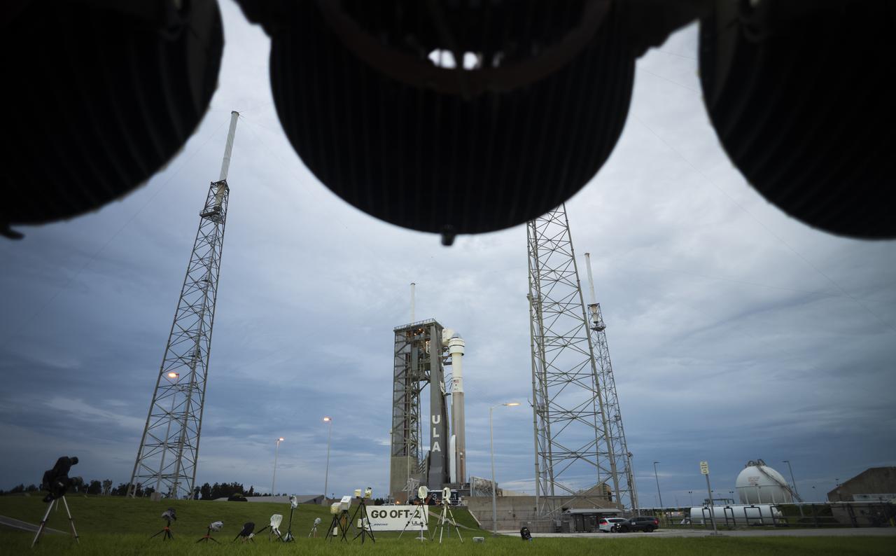 A United Launch Alliance Atlas V rocket with Boeing’s CST-100 Starliner spacecraft aboard is seen on the launch pad at Space Launch Complex 41 ahead of the Orbital Flight Test-2 mission, Monday, Aug. 2, 2021 at Cape Canaveral Space Force Station in Florida. Boeing’s Orbital Flight Test-2 will be Starliner’s second uncrewed flight test and will dock to the International Space Station as part of NASA's Commercial Crew Program. The mission, currently targeted for launch on 1:20 p.m. EDT Tuesday, Aug. 3, will serve as an end-to-end test of the system's capabilities. Photo Credit: (NASA/Joel Kowsky)