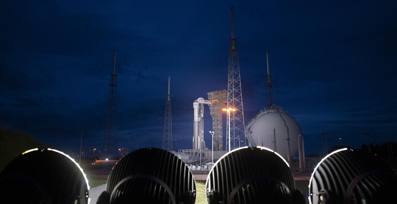 A United Launch Alliance Atlas V rocket with Boeing’s CST-100 Starliner spacecraft aboard is seen illuminated by spotlights on the launch pad at Space Launch Complex 41 ahead of the Orbital Flight Test-2 mission, Monday, Aug. 2, 2021 at Cape Canaveral Space Force Station in Florida. Boeing’s Orbital Flight Test-2 will be Starliner’s second uncrewed flight test and will dock to the International Space Station as part of NASA's Commercial Crew Program. The mission, currently targeted for launch on 1:20 p.m. EDT Tuesday, Aug. 3, will serve as an end-to-end test of the system's capabilities. Photo Credit: (NASA/Joel Kowsky)