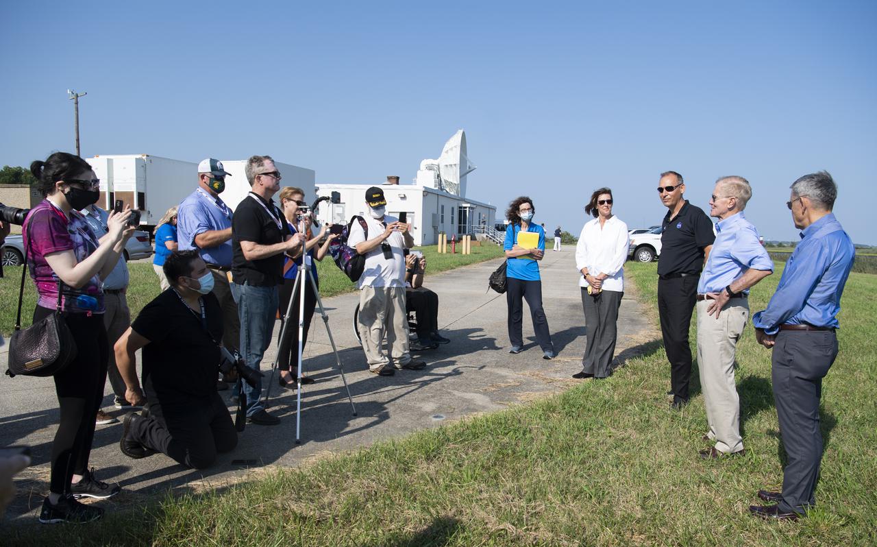 Robyn Gatens, director of NASA’s International Space Station Division, left, Thomas Zurbuchen, associate administrator for NASA’s Science Mission Directorate, second from left, NASA Administrator Bill Nelson, second from right, and Bob Cabana, NASA associate administrator, right, speak to members of the media prior to the launch of a Northrop Grumman Antares rocket carrying a Cygnus resupply spacecraft, Tuesday, Aug. 10, 2021, at NASA's Wallops Flight Facility in Virginia. Northrop Grumman’s 16th contracted cargo resupply mission for NASA launched at 6:01 p.m. EDT and will deliver nearly 8,200 pounds of science and research, crew supplies and vehicle hardware to the International Space Station and its crew.  Photo Credit: (NASA/Joel Kowsky)