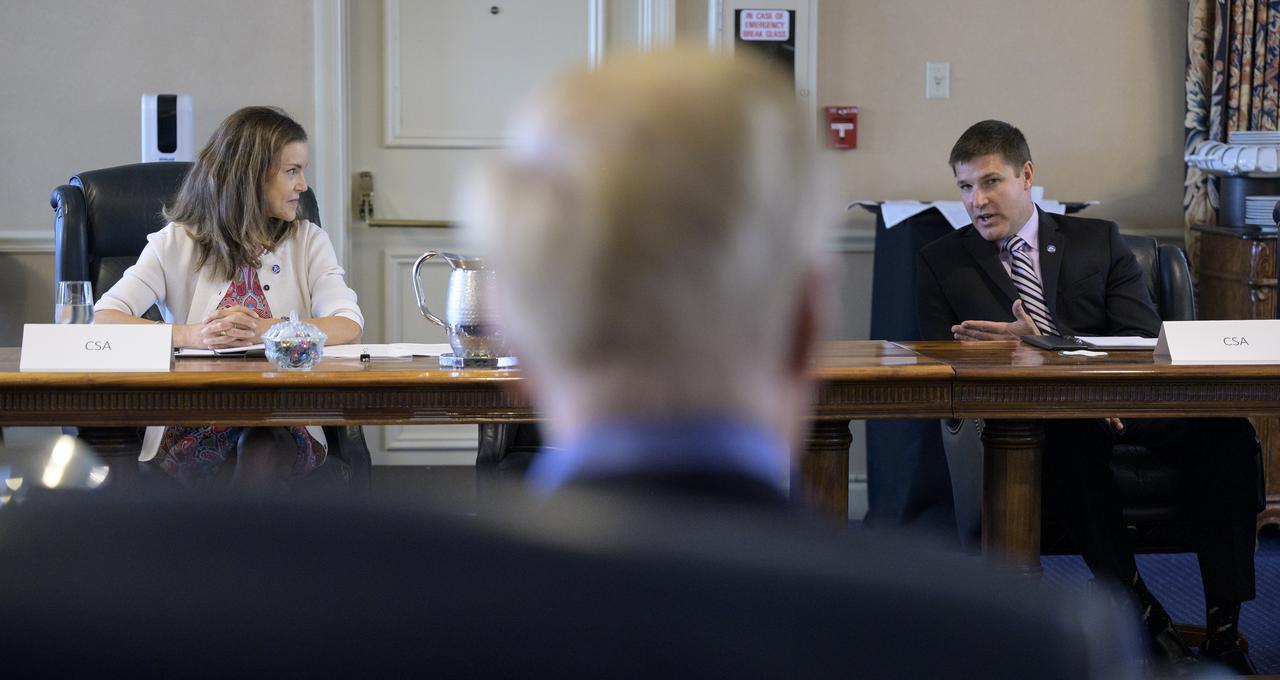 Lisa Campbell, President, Canadian Space Agency (CSA), and Canadian Space Agency astronaut Jeremy Hansen talk with NASA Administrator Bill Nelson in a bilateral meeting between NASA and the Canadian Space Agency (CSA), during the 36th Space Symposium, Monday, Aug. 23, 2021, in Colorado Springs, Colorado. Photo Credit: (NASA/Bill Ingalls)