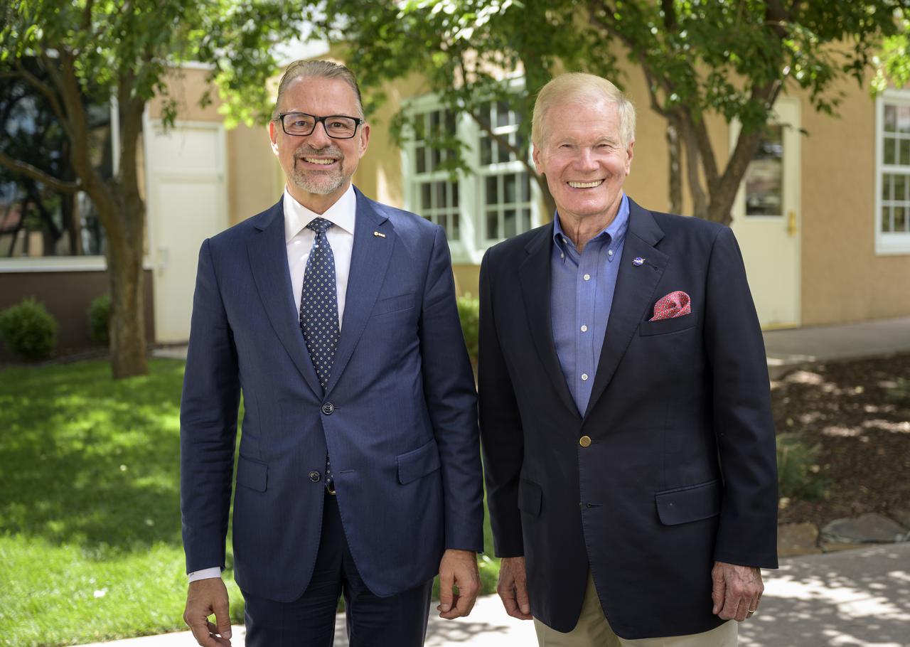 European Space Agency (ESA) Director General Josef Aschbacher, left, and NASA Administrator Bill Nelson meet in a bilateral meeting during the 36th Space Symposium, Monday, Aug. 23, 2021, in Colorado Springs, Colorado. Photo Credit: (NASA/Bill Ingalls)