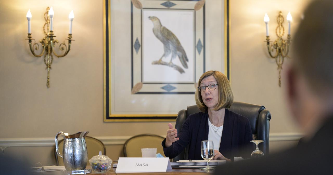 NASA Associate Administrator for Human Exploration and Operations Kathy Lueders meets with Dr. Walther Pelzer, Member of the German Aerospace Center (DLR) Executive Board, Head of the German Space Agency at DLR in a bilateral meeting during the 36th Space Symposium, Monday, Aug. 23, 2021, in Colorado Springs, Colorado. Photo Credit: (NASA/Bill Ingalls)