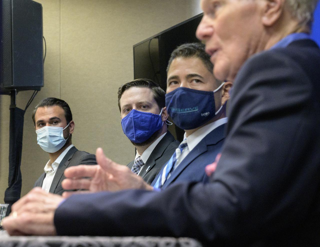 NASA Administrator Bill Nelson hosts an event to introduce media to three local Colorado companies and university partners that help make NASA’s missions possible; Justin Cyrus, CEO, Lunar Outpost of Golden, Colorado, left: Bradley Cheetham, CEO and president, Advanced Space of Westminster, Colorado, center: and Dr. Luis Zea, implementation project manager, BioServe Space Technologies, Smead Aerospace Engineering Sciences, University of Colorado Boulder, Monday, Aug. 23, 2021, during the 36th Space Symposium in Colorado Springs, Colorado. Photo Credit: (NASA/Bill Ingalls)