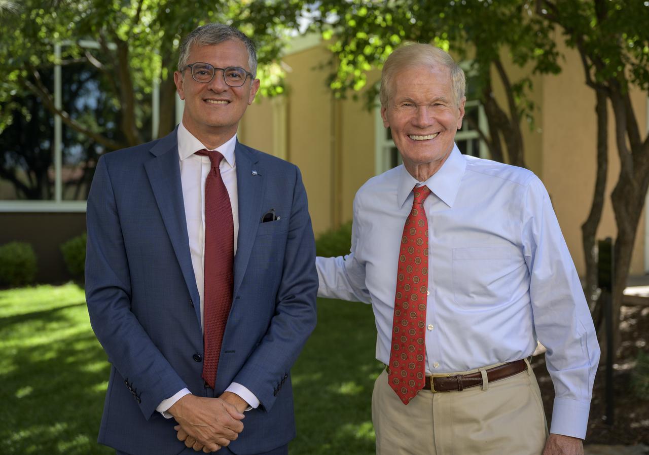 NASA Administrator Bill Nelson, right, meets with Giorgio Saccoccia, President, Italian Space Agency (ASI) in a bilateral meeting during the 36th Space Symposium, Tuesday, Aug. 24, 2021, in Colorado Springs, Colorado. Photo Credit: (NASA/Bill Ingalls)