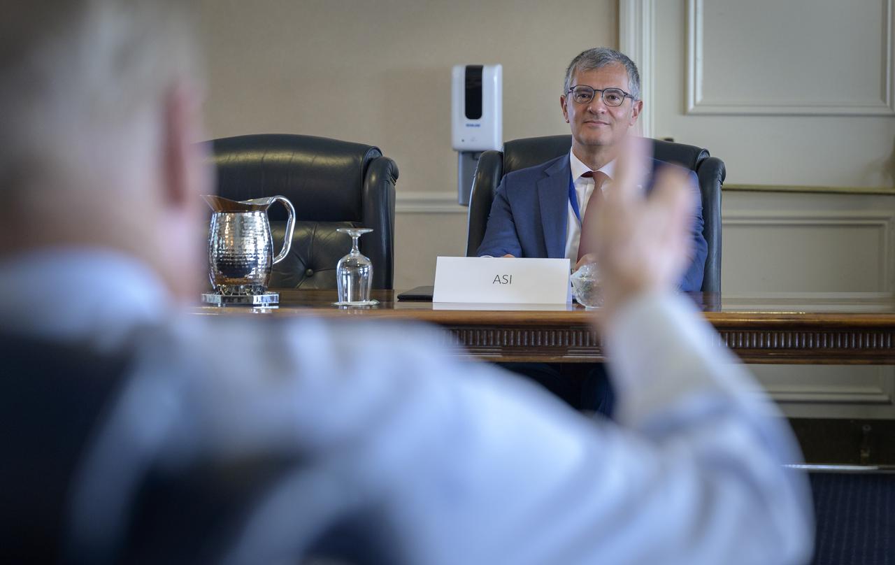 Giorgio Saccoccia, President, Italian Space Agency (ASI) listens to NASA Administrator Bill Nelson in a bilateral meeting during the 36th Space Symposium, Tuesday, Aug. 24, 2021, in Colorado Springs, Colorado. Photo Credit: (NASA/Bill Ingalls)