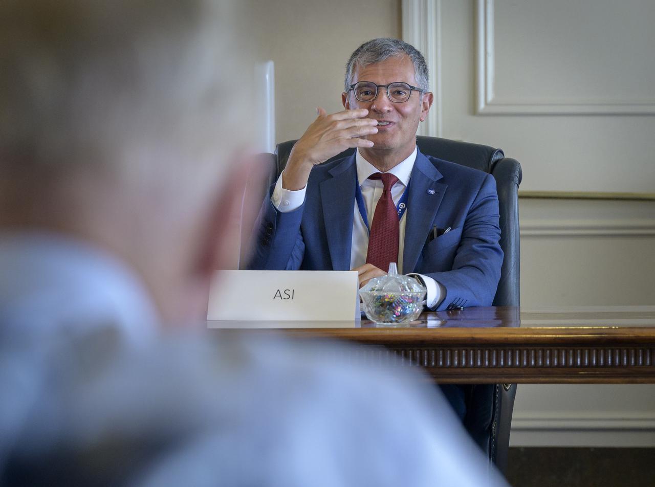 Giorgio Saccoccia, President, Italian Space Agency (ASI) talks with NASA Administrator Bill Nelson in a bilateral meeting during the 36th Space Symposium, Tuesday, Aug. 24, 2021, in Colorado Springs, Colorado. Photo Credit: (NASA/Bill Ingalls)