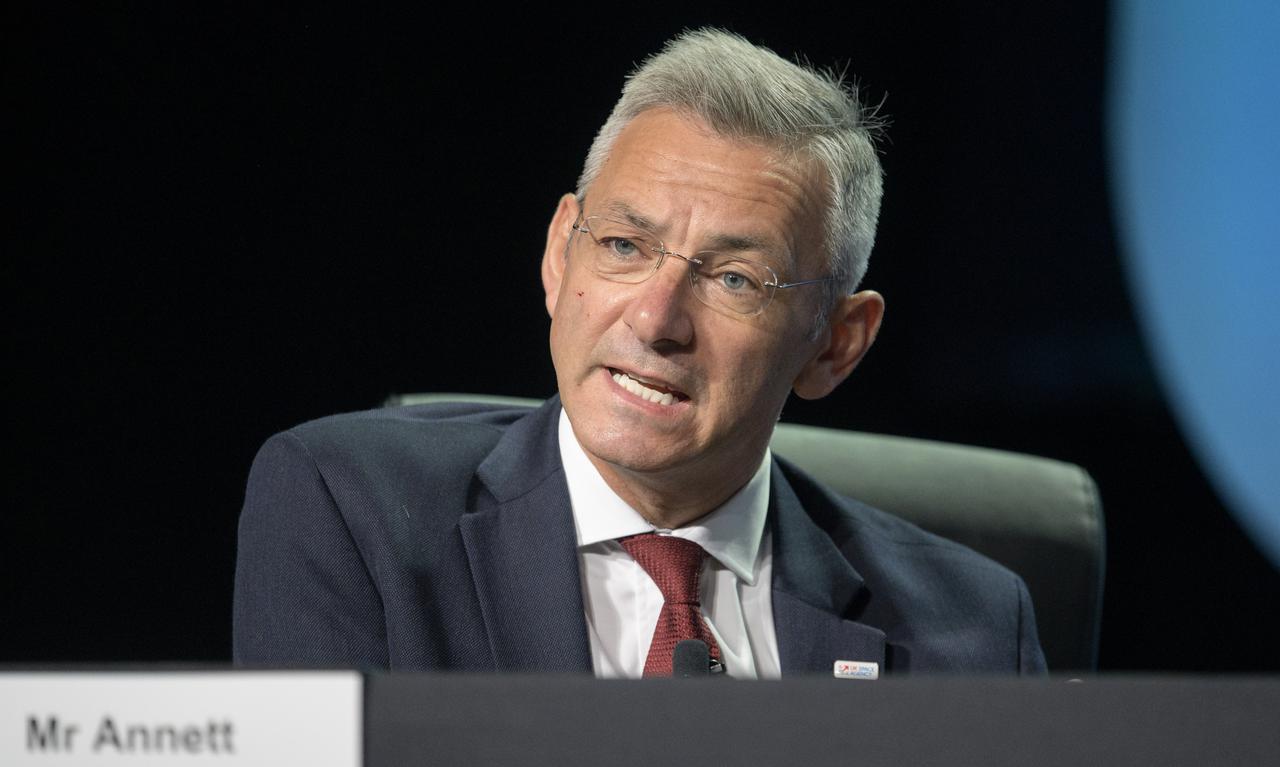Ian Annett, Acting CEO for Programme Delivery, UK Space Agency (UKSA) gives remarks in a Heads of Agency panel discussion, during the 36th Space Symposium, Wednesday, Aug. 25, 2021, in Colorado Springs, Colorado. Photo Credit: (NASA/Bill Ingalls)