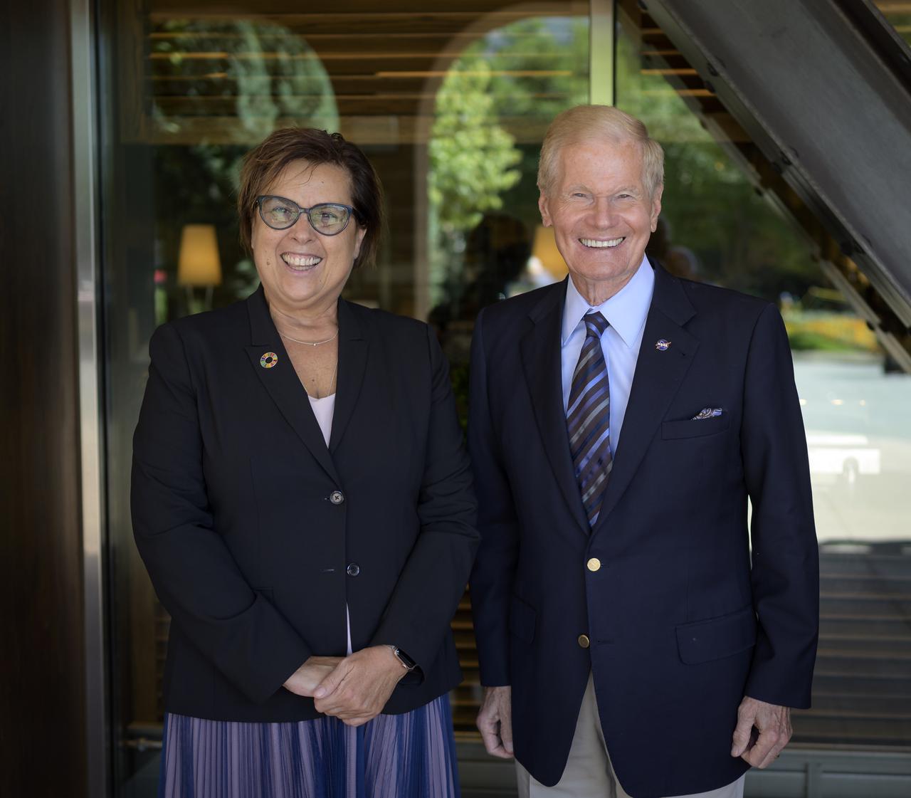 Ms. Simonetta Di Pippo, Director, United Nations Office of Outer Space Affairs and NASA Administrator Bill Nelson pose for a photograph prior to a meeting during the Space Symposium, Wednesday, Aug. 25, 2021, in Colorado Springs, Colorado. Photo Credit: (NASA/Bill Ingalls)