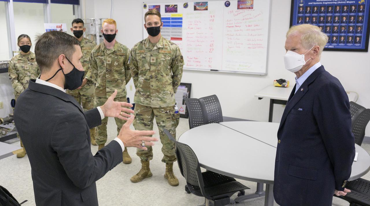 NASA Administrator Bill Nelson, right, listens as Col Luke Sauter, Permanent Professor and Head, Department of Astronautics, introduces Nelson to cadets in the astronautics lab at the United States Air Force Academy, Wednesday, Aug. 25, 2021, north of Colorado Springs, Colorado. Photo Credit: (NASA/Bill Ingalls)