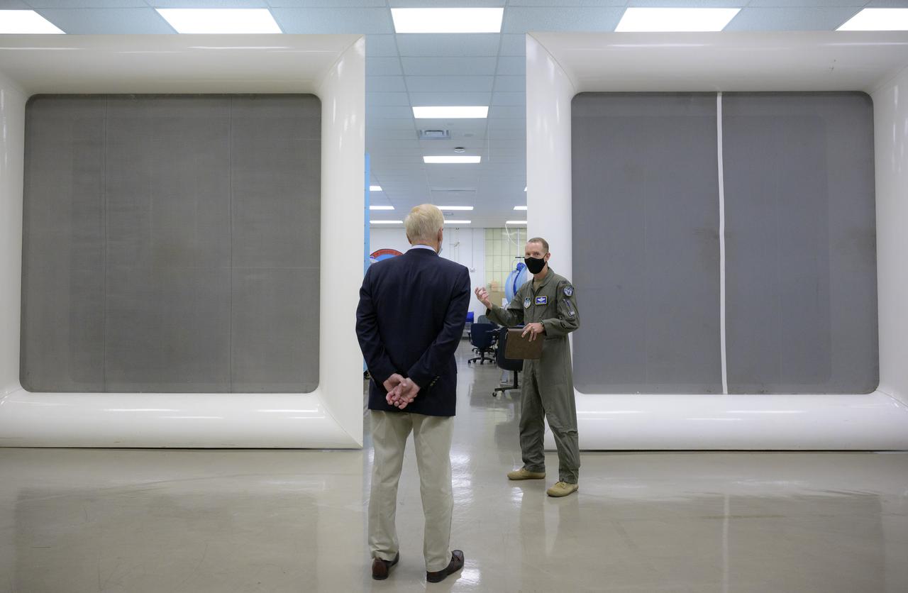 NASA Administrator Bill Nelson, left, listens to Col Douglas “Beaker” Wickert during a tour of the aeronautics lab at the United States Air Force Academy, Wednesday, Aug. 25, 2021, north of Colorado Springs, Colorado. Photo Credit: (NASA/Bill Ingalls)