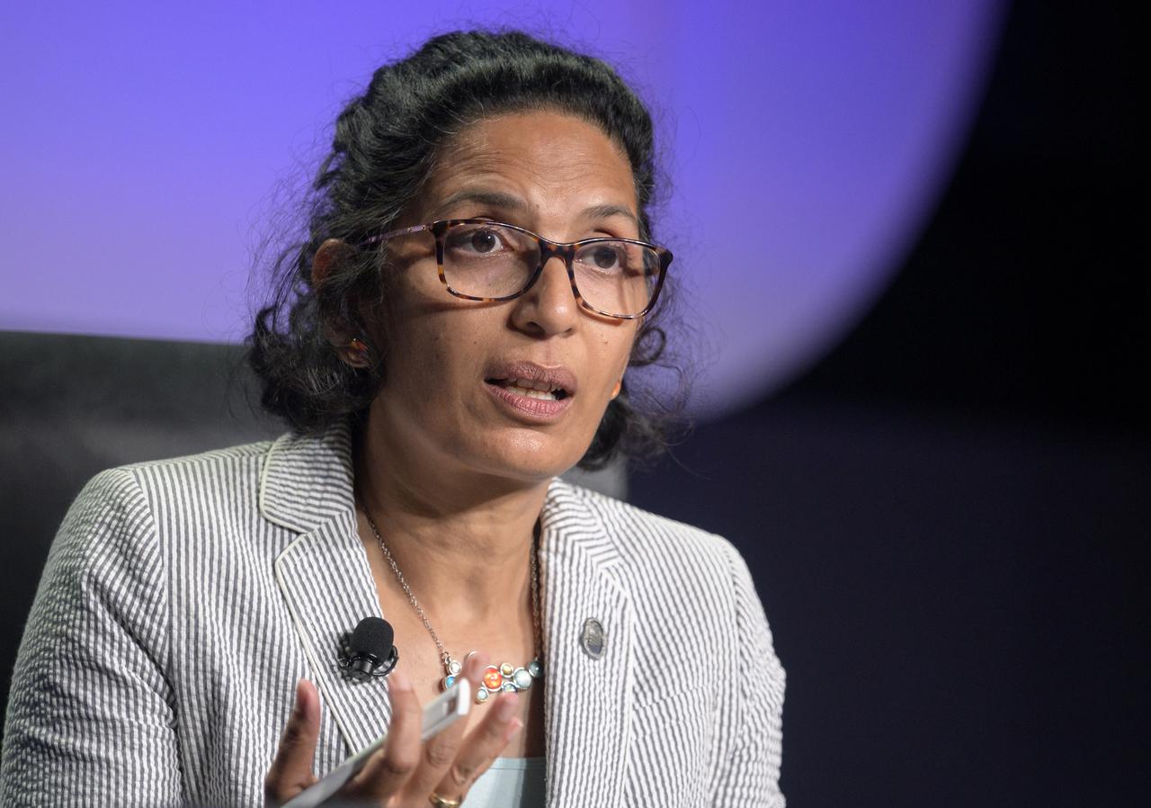 NASA Senior Advisor for Budget and Finance Bhavya Lal participates in a panel discussion titled “Technology Drives Exploration:  Paving the Next Era of Space Exploration” during the 36th Space Symposium, Thursday, Aug. 26, 2021, in Colorado Springs, Colorado. Photo Credit: (NASA/Bill Ingalls)
